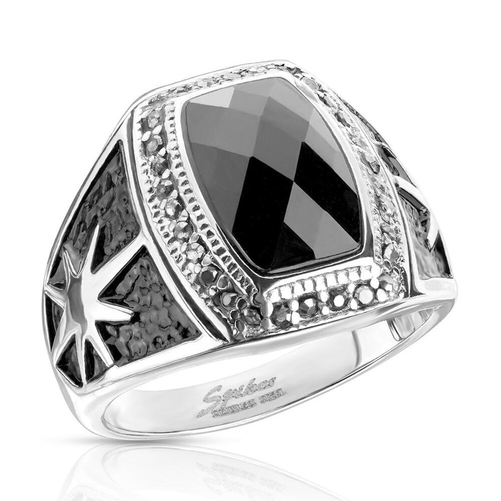 Black Faceted Stone with Sun Burst Sides Stainless Steel Ring 9